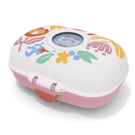 Kids snack box lid with Paper Cut print and logo window, pink base, front latch