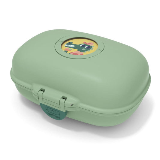 Kids snack box, light green closed with cartoon oval window and clip latch