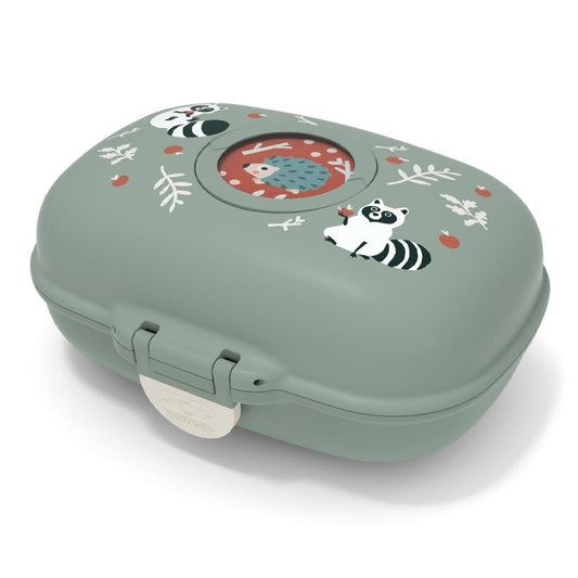 Light green kids snack box with panda and hedgehog animal graphic on the lid