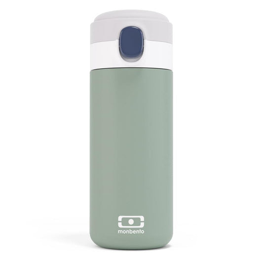 Green insulated water bottle with white lid and dark-blue button