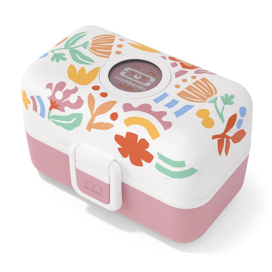 Kids bento box with floral paper-cut print, white lid, pink base, snap latch