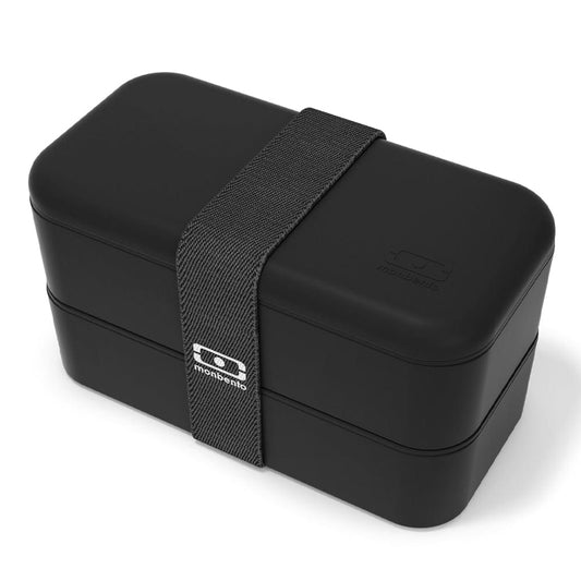 Black bento lunch box with carry strap and rounded lid, compact lunch container