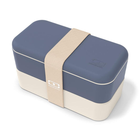 Blue and beige bento lunch box with beige carrying strap and rounded snap lid, closed