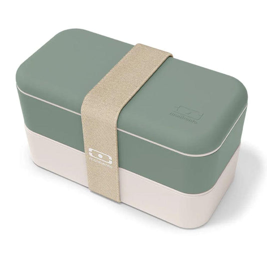 Sage green and white bento box with beige fabric strap and rounded lid