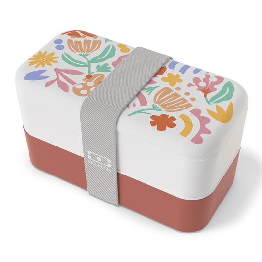 Floral paper-cut bento box with white lid, terracotta base, and gray carry strap