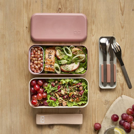 Rose and white bento box with two meal trays, cutlery and strap