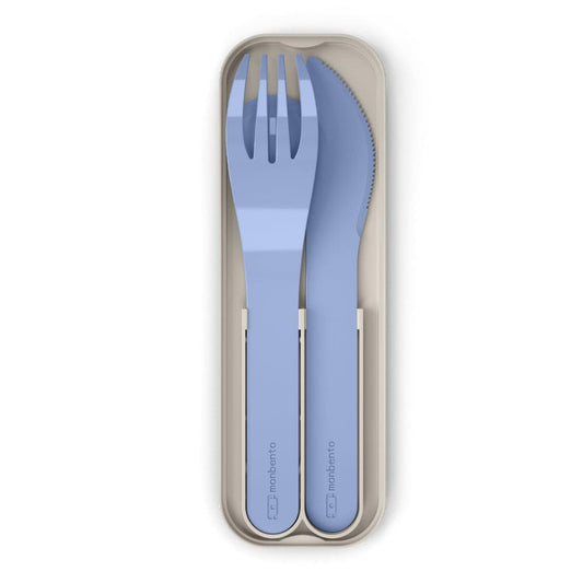 Blue plastic fork, spoon and knife set in pocket case