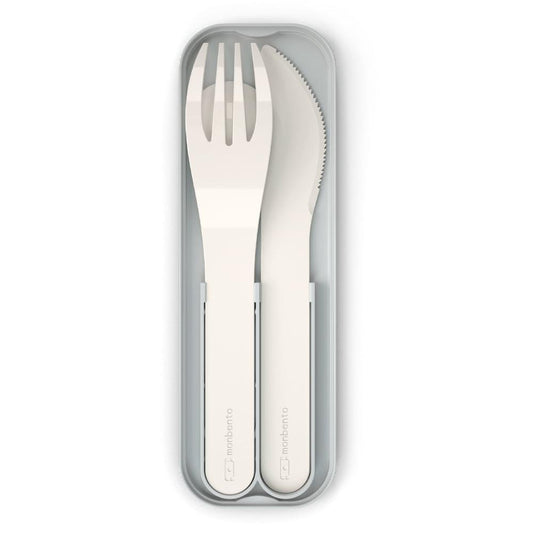 Natural plastic pocket cutlery set with fork, knife, and spoon in gray case