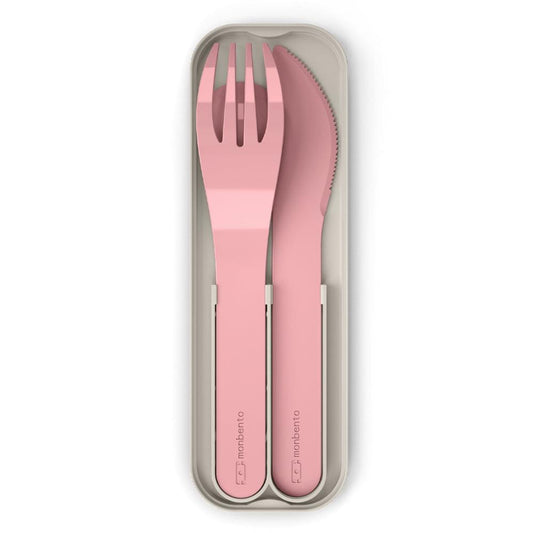 Pink blush plastic cutlery set in gray case with fork, knife and spoon