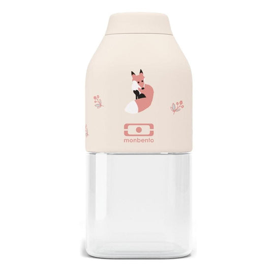 Beige Monbento reusable water bottle with fox illustration and printed flowers