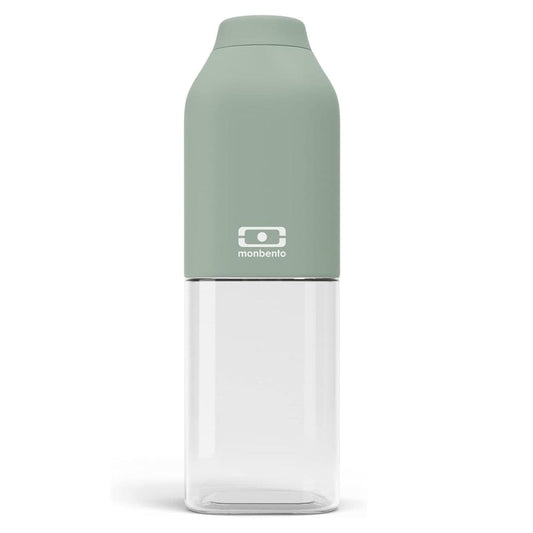 Green reusable water bottle with flip-top lid and clear bottle body