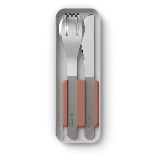 Monbento slim box with three knives and fork, rose moka handles, open case