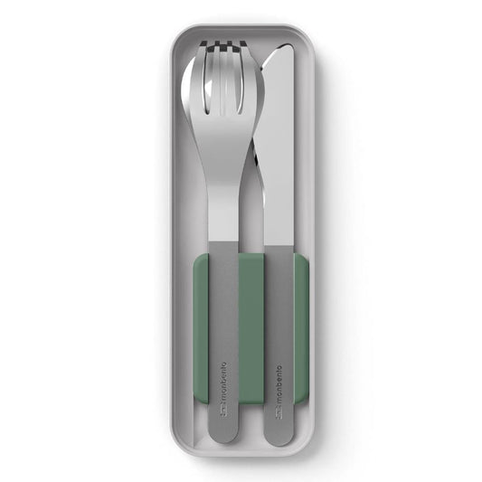 Trio knife set with green handles in slim storage case