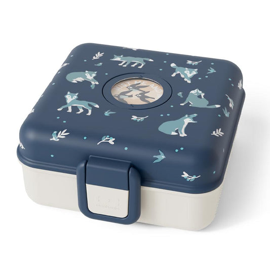 Blue and white bento lunch box with wolf pattern lid and front latch handle