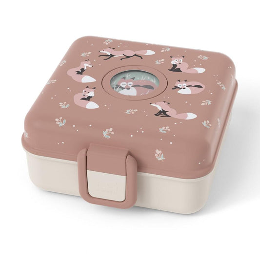 Snacky sandwich lunch box in dusty pink with fox illustration and carry latch