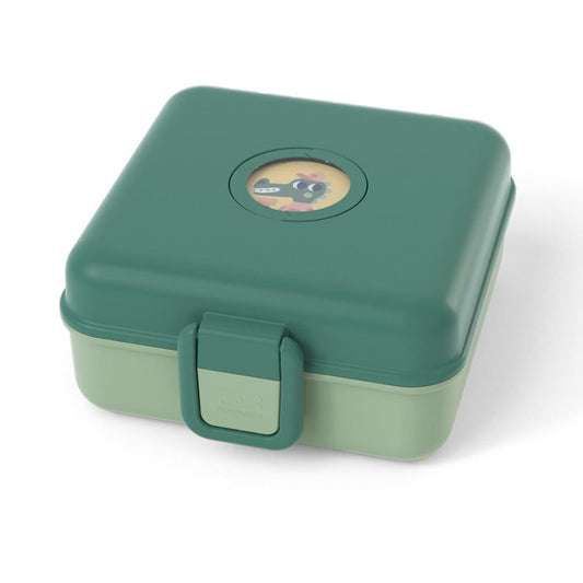 Green Snacky lunch box with teal lid, circular character sticker, front latch