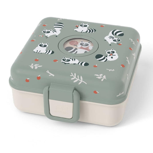Raccoon-printed snack lunch box with light green lid, beige base, front handle