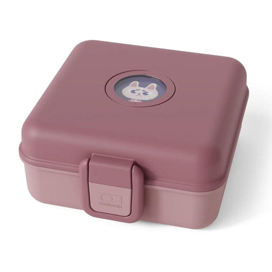 Pink lunch snack box with cartoon patch and front latch, rectangular hinged lid.