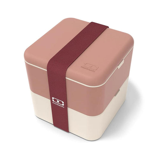 Monbento square bento box with mauve lid, beige base, and burgundy carrying strap