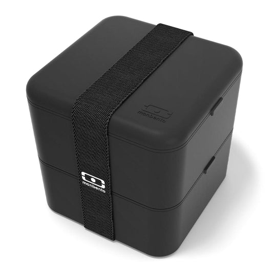 Black square bento box with elastic carry strap and rounded lid