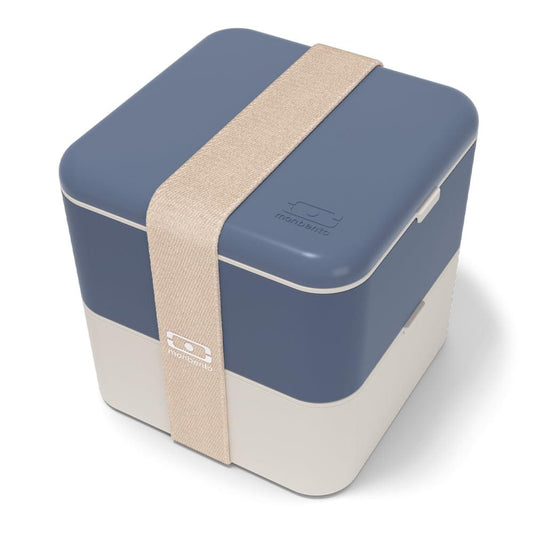 Monbento MB square bento box, dark blue and beige with carry strap