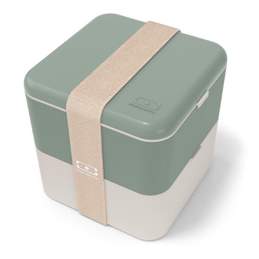 Monbento MB square bento box in bi-colour green, secured with beige strap