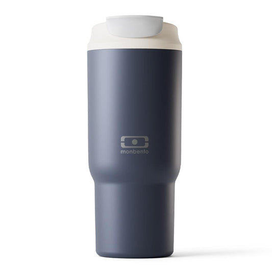 Dark blue insulated travel mug with white lid and flip drinking spout