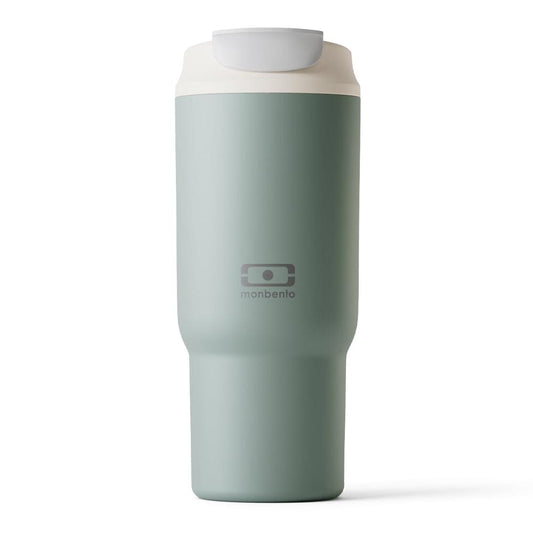 Mint green insulated travel mug with white lid and front brand logo