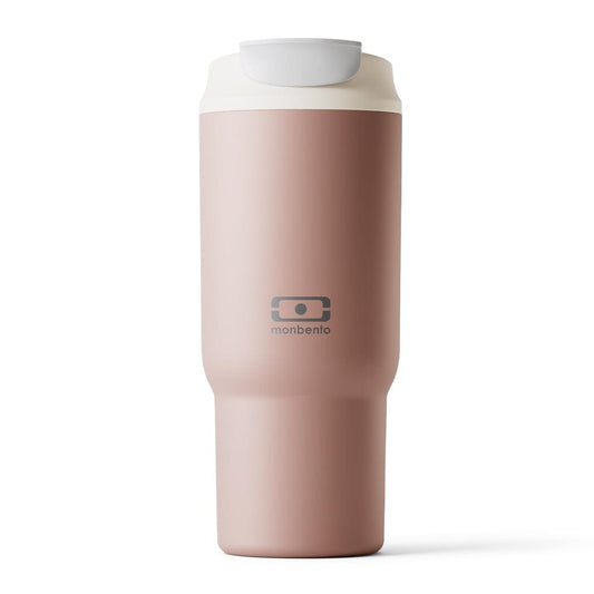 Monbento travel mug in rose moka pink with white flip lid
