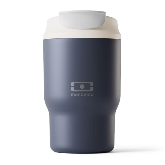 Blue monbento travel mug with lid and front logo