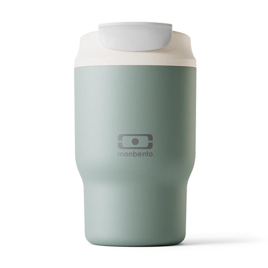 Monbento S travel mug in green, with white flip lid and centered logo