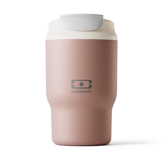 Monbento travel mug S in rose moka with white flip lid and logo