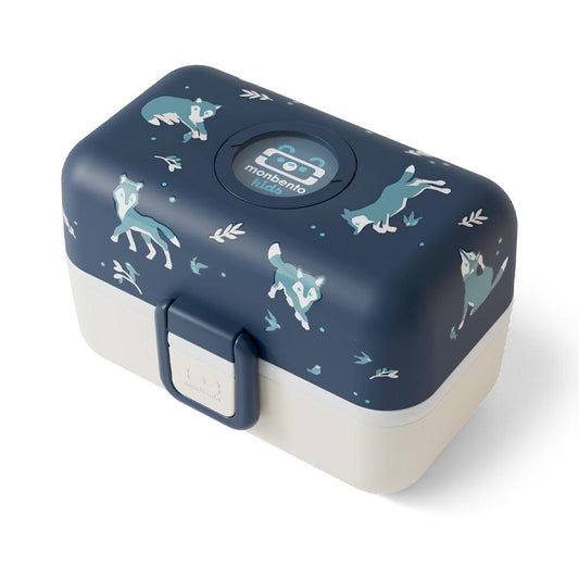 Kids bento box with dark blue lid featuring white dinosaur silhouettes