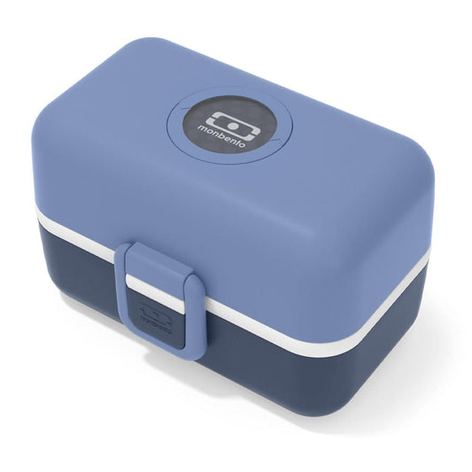Blue kids bento box with snap handle and logo on front