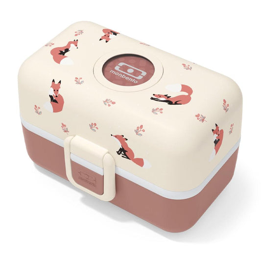 Kids bento box with fox print lid, cream top and brown base, twin snap latches