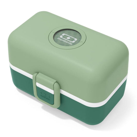 Green kids bento lunch box with white trim and front latch, closed.
