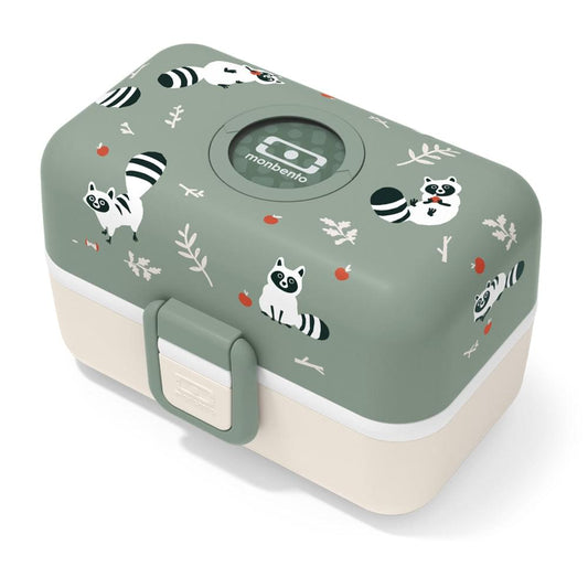 Kids bento box by Monbento with mint lid and raccoon animal print, front latch