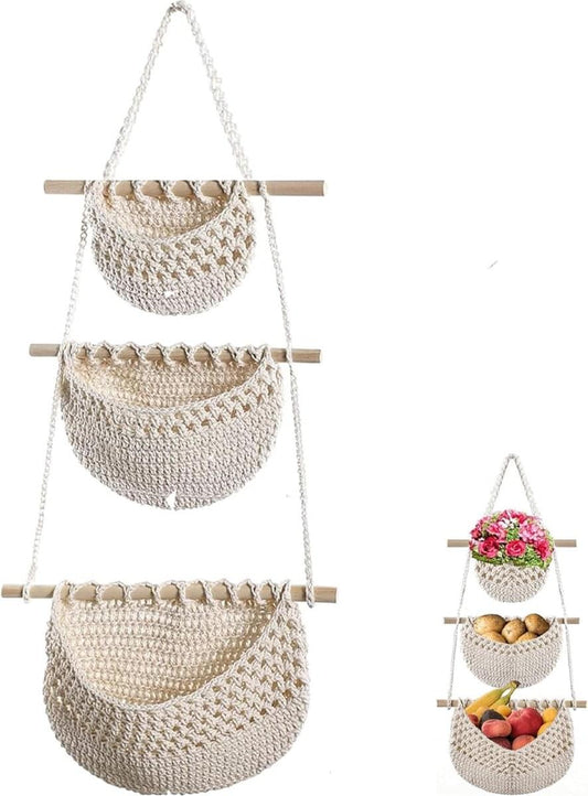 Three-section woven linen hanging organizer with wooden crossbars and braided rope