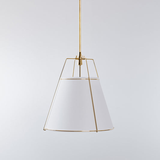 White fabric pendant lamp with open gold metal frame and hanging stem hardware
