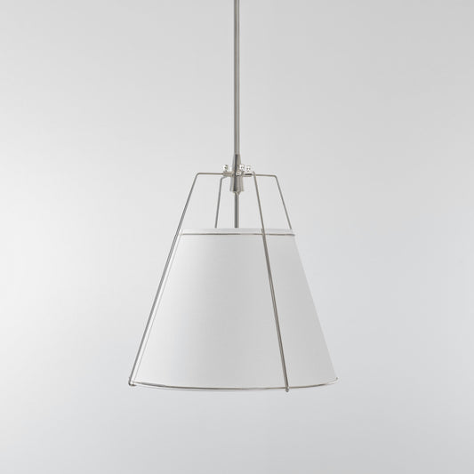 White pendant light with nickel hardware and bell-shaped shade.
