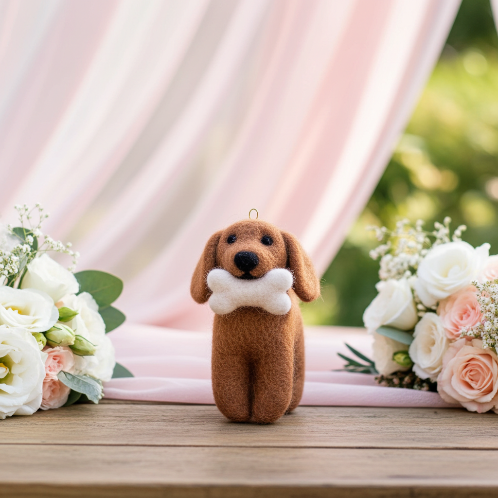 Handmade Wool Felt Golden Retriever Ornament with Bone