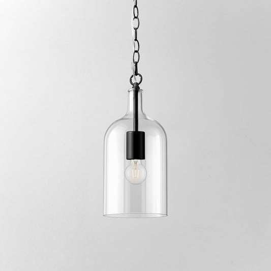 Kendal glass pendant light with clear bell shade and black socket, hanging chain