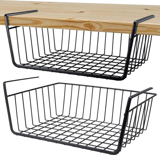 Two black wire hanging storage baskets with rectangular frames and open grid base