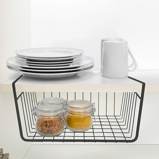 Black wire hanging storage basket with open grid base for jars and plates