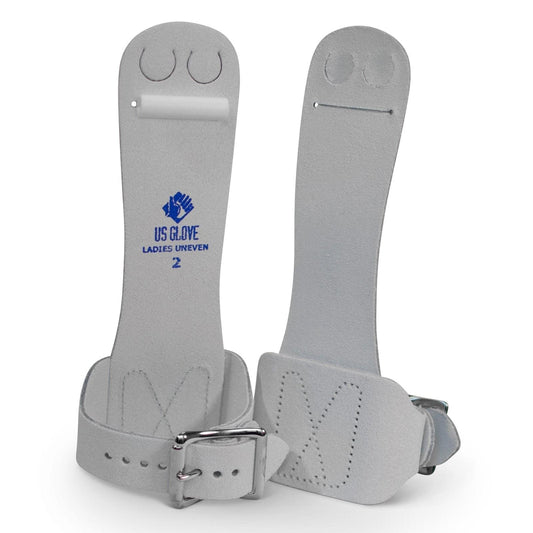 Uneven bar gymnastics grips with gray straps and metal buckle, regular size.