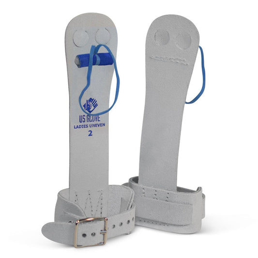 Uneven bar gymnastics grips with light gray straps and metal buckle