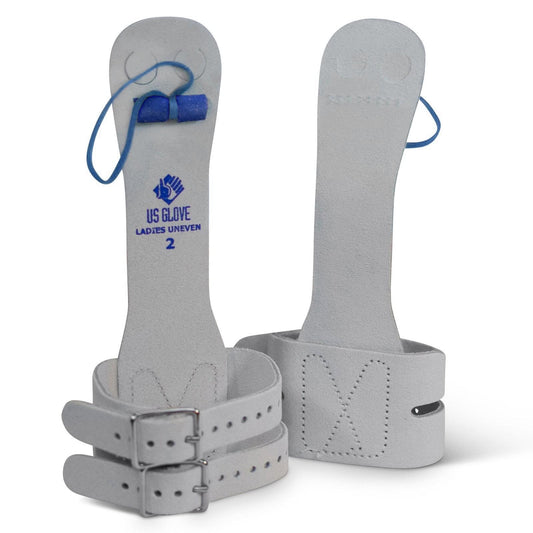 Gray gymnastics grips with double metal buckles and looped strap lanyard