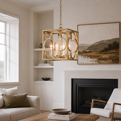 Gold modern box frame lantern pendant light with decorative circular metal panels