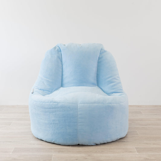 Sky blue plush bean bag chair cover with rounded back and seat