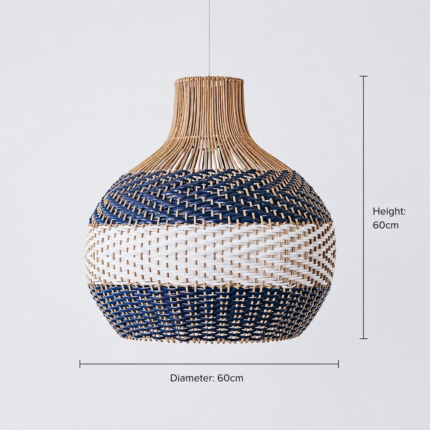 Larger rattan pendant light with white and blue woven globe shade and rattan canopy